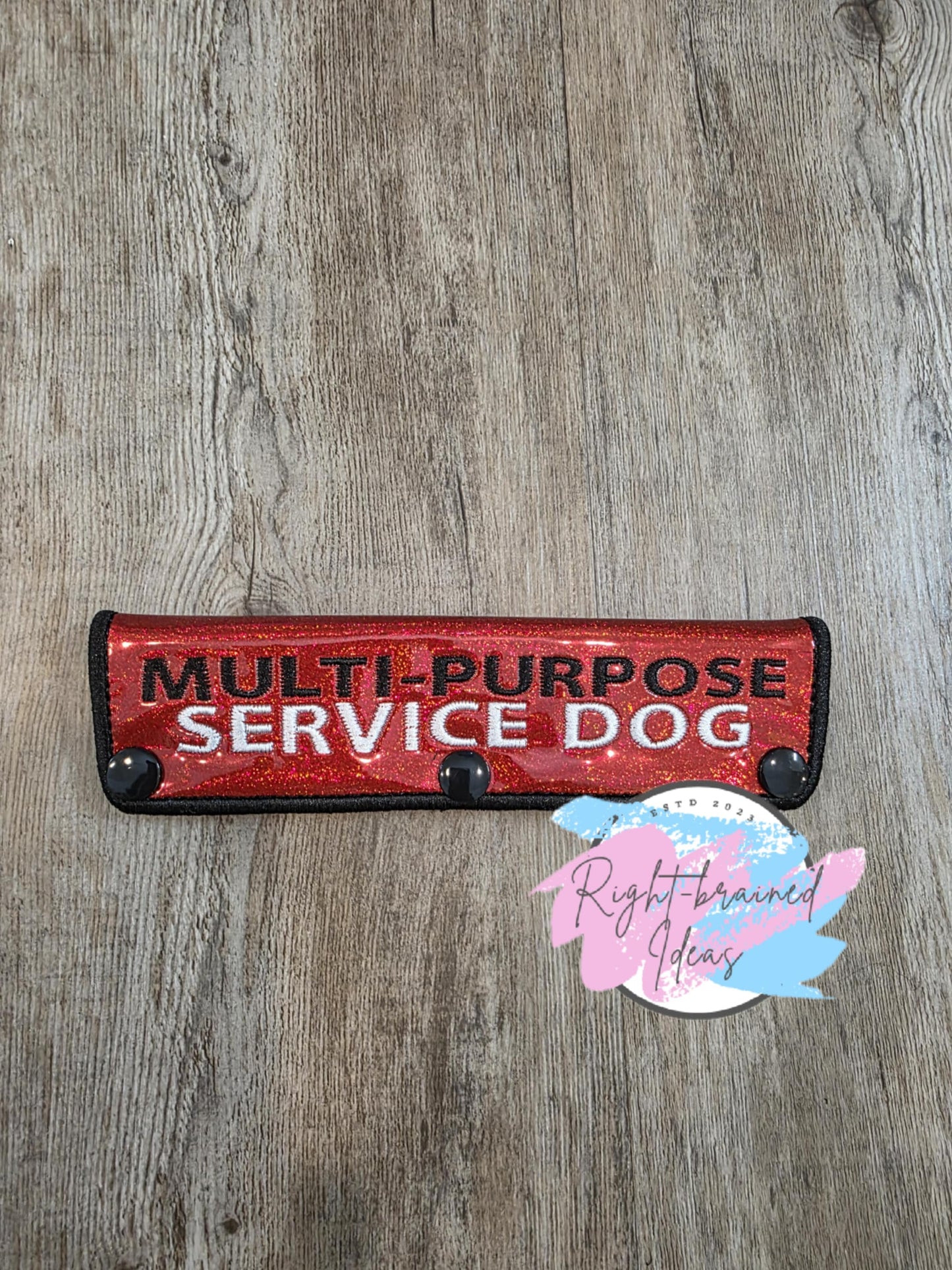 Service Dog Multi-purpose Handler Gets Dizzy White On Sparkle Red Holographic Vinyl Two-piece Patch Tab and Leash Wrap Set