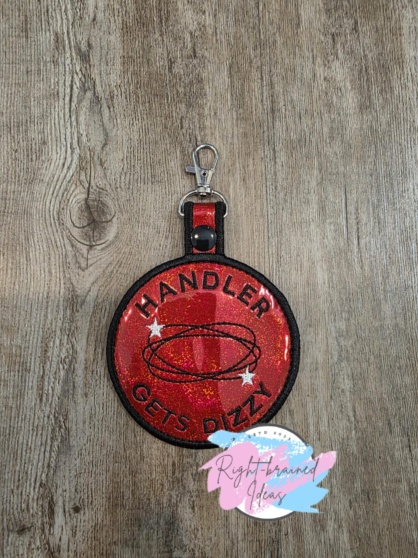 Service Dog Multi-purpose Handler Gets Dizzy White On Sparkle Red Holographic Vinyl Two-piece Patch Tab and Leash Wrap Set