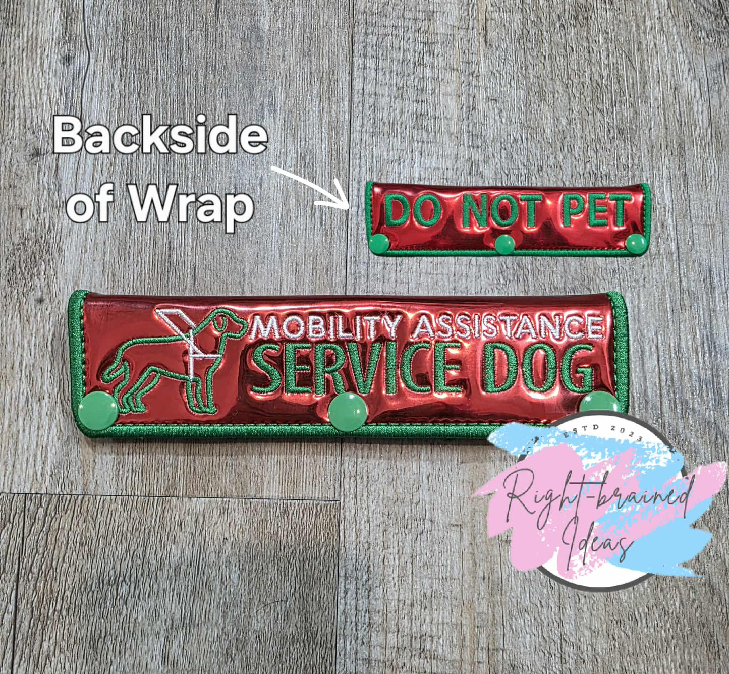 Service Dog Mobility Assistance Satin Green And White On Red Metallic Vinyl Two-piece Patch Tab and Double-sided Leash Wrap