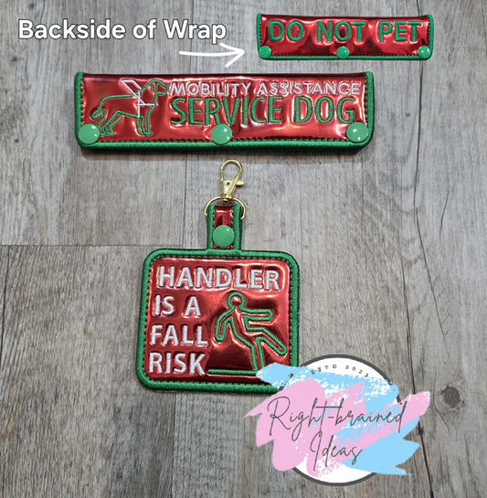 Service Dog Mobility Assistance Satin Green And White On Red Metallic Vinyl Two-piece Patch Tab and Double-sided Leash Wrap