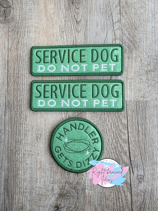 Service Dog Do Not Pet Forest Green and White On Sparkle Moss Green Vinyl Three-piece Patch Set