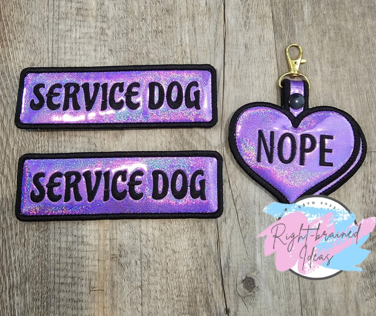 Service Dog Black on Sparkly Purple Holographic Conversation Heart Inspired Three-piece Set